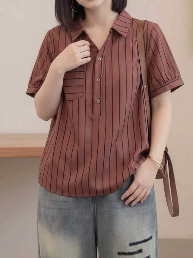 brown striped patch pocket short sleeve casual shirt