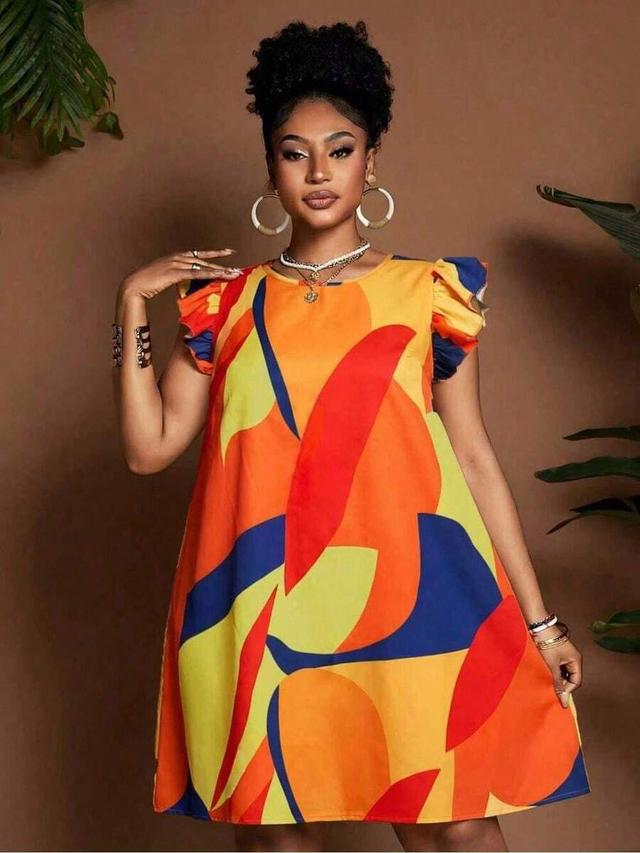 plus size orange summer floral print flare sleeve dress