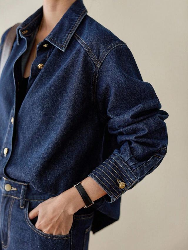 navy blue washed denim button-up shirt and trousers set