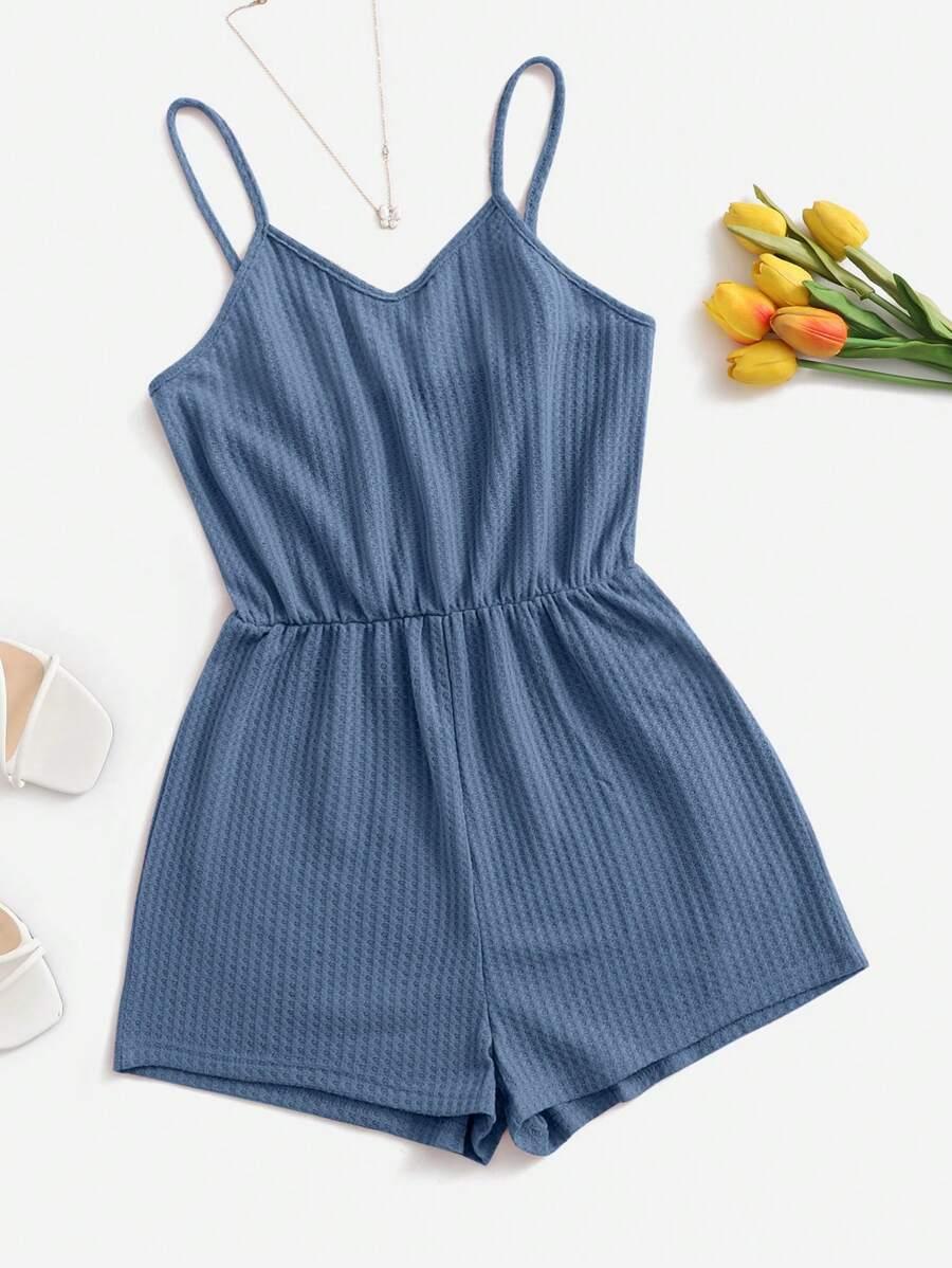 blue ribbed spaghetti strap playsuit