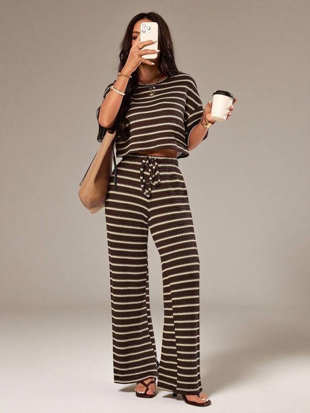brown striped knit wide leg trousers