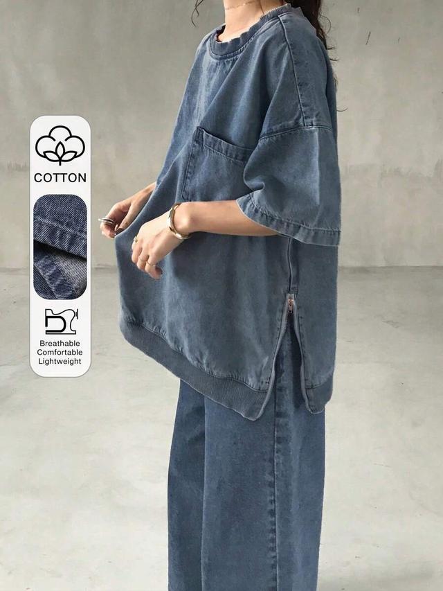 casual round neck drop shoulder denim top