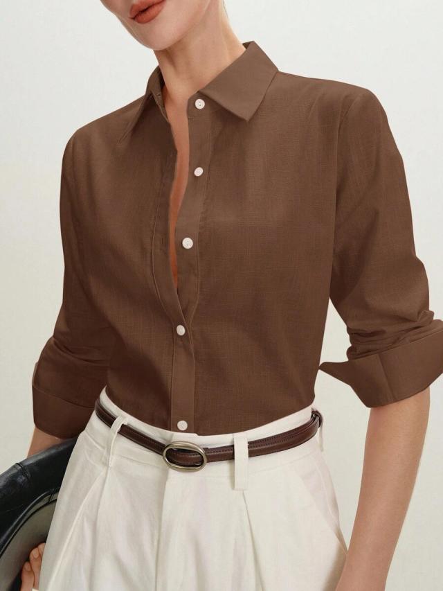 brown minimalist linen blend button-down shirt
