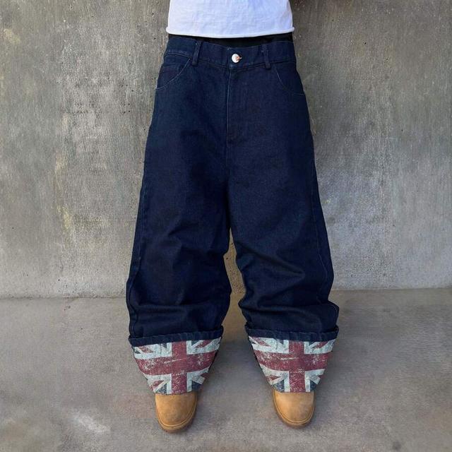 men's dark wash baggy jeans with folded uk flag cuffs