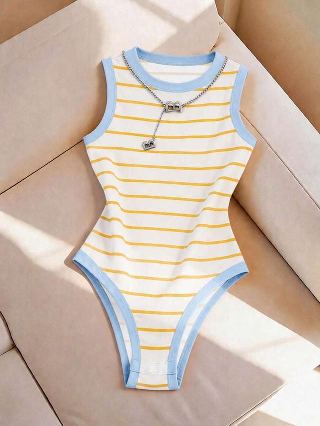 striped knit round neck fitted bodysuit
