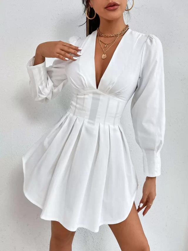 white plunging neck bishop sleeve pleated mini dress