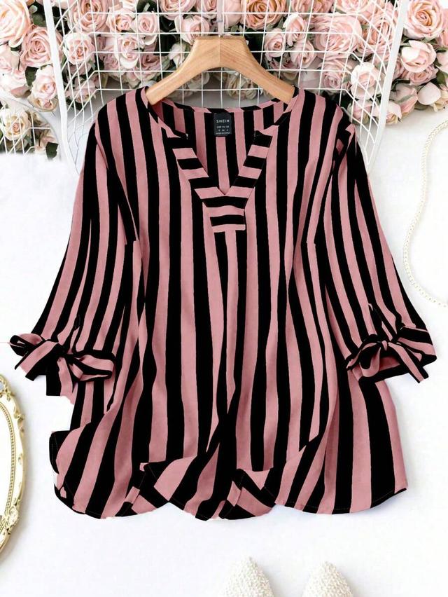 pink and black striped v-neck short sleeve blouse