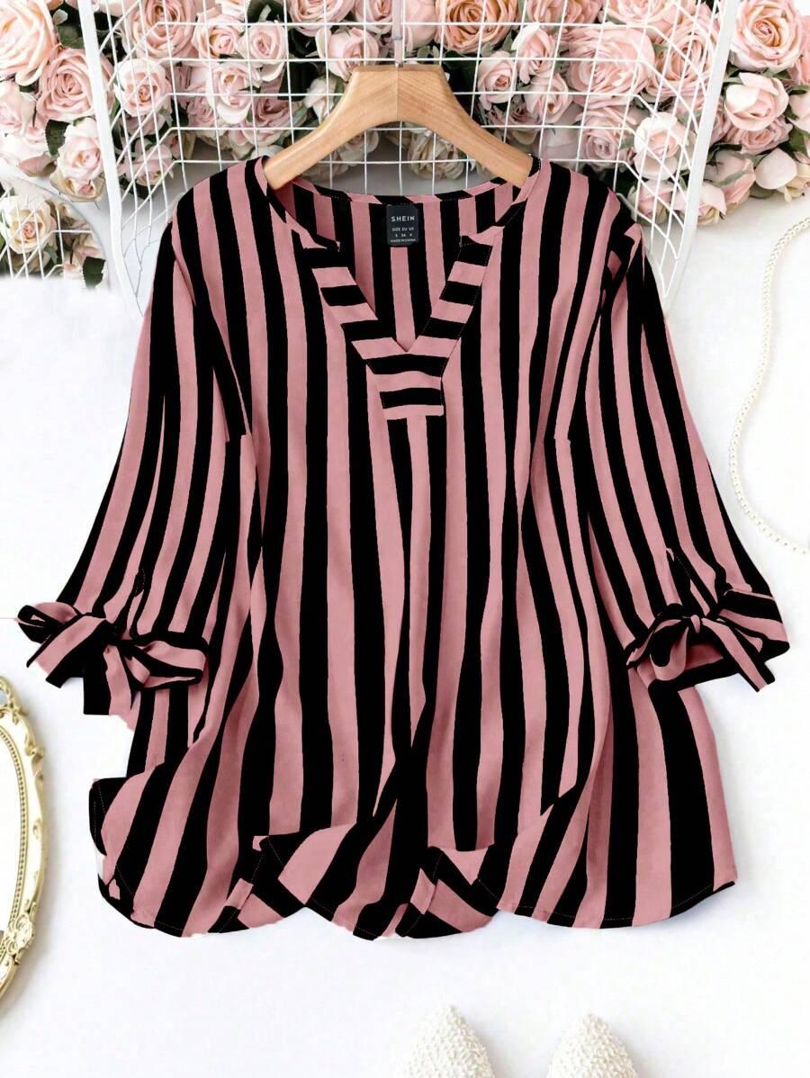pink and black striped v-neck short sleeve blouse