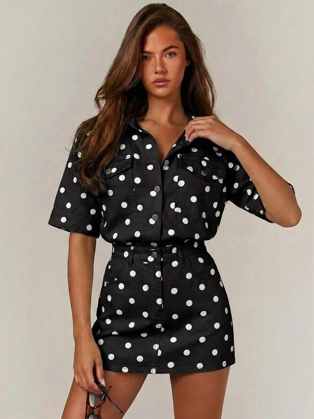black polka dot print button pocket mini denim dress