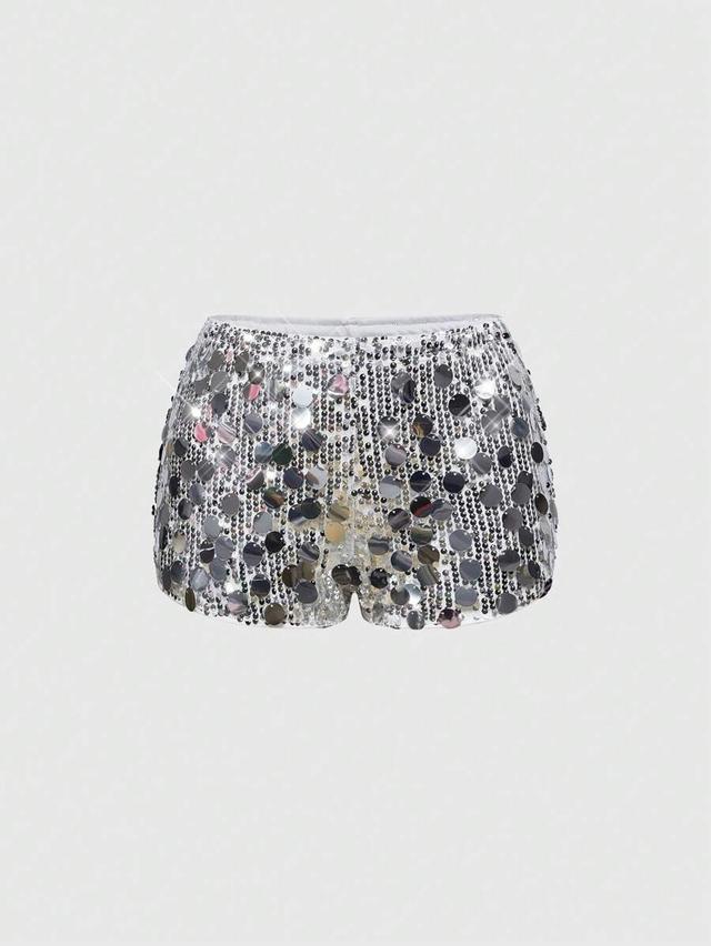 silver sequin embellished stretchy mini shorts