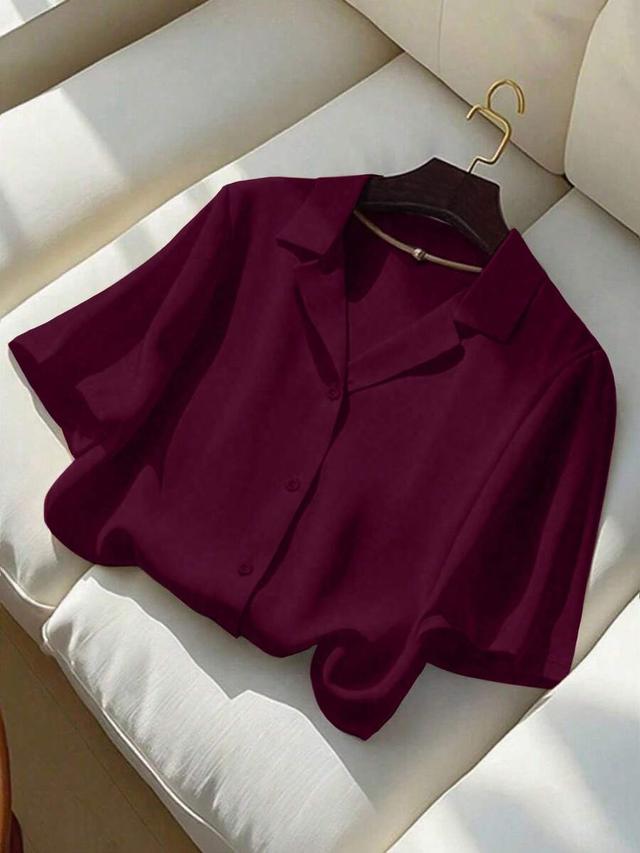 burgundy short sleeve collared button down blouse
