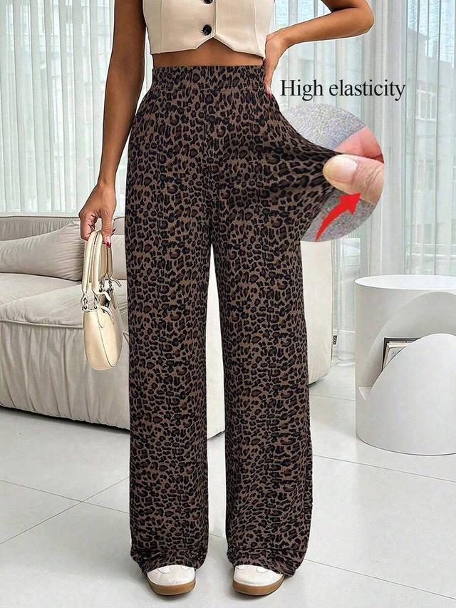 brown leopard print high waist straight leg knit pants