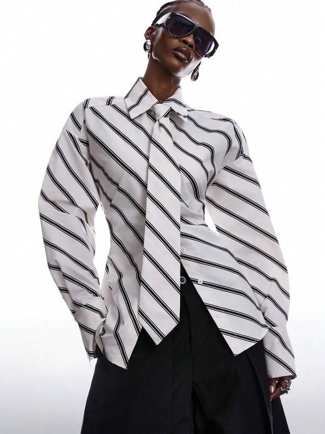 striped long sleeve blouse with tie collar
