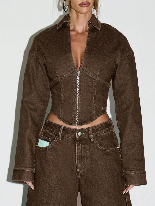 brown denim corset style zip up jacket