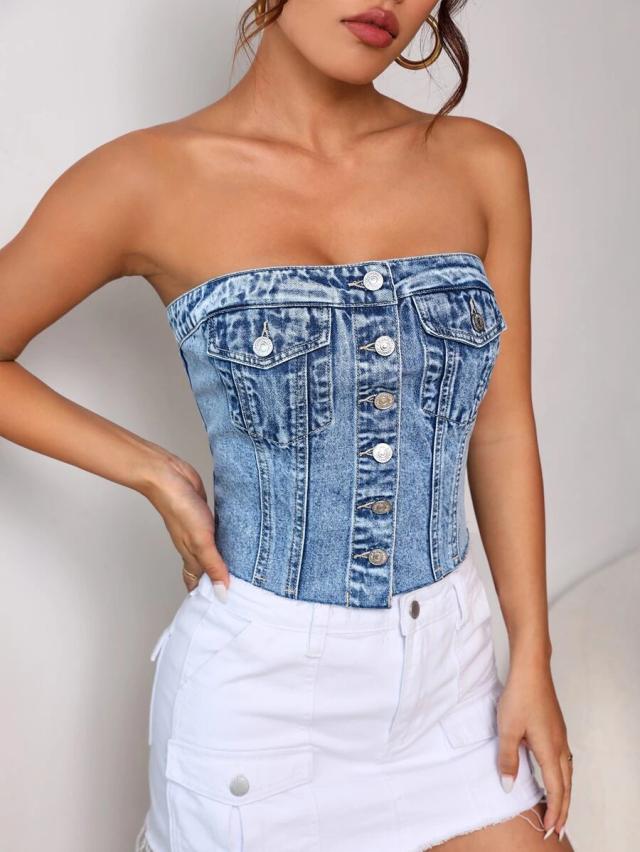 button front denim tube top with flap pockets