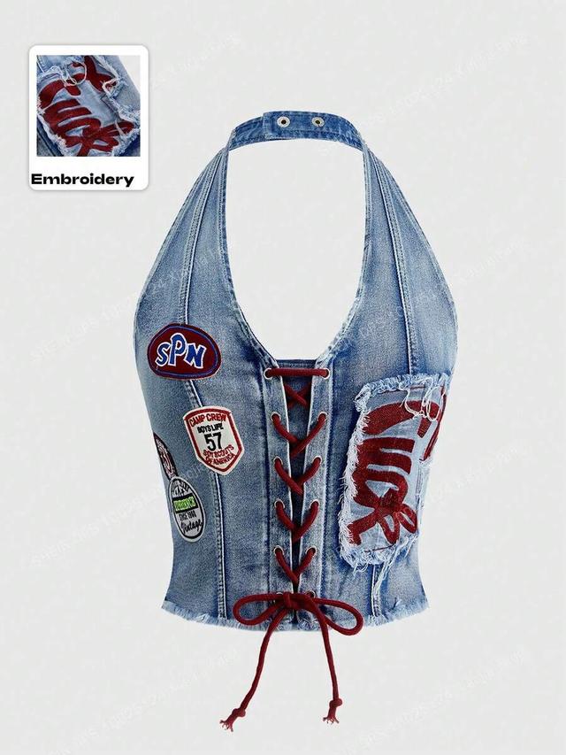 y2k retro denim halter top with embroidery and lace-up