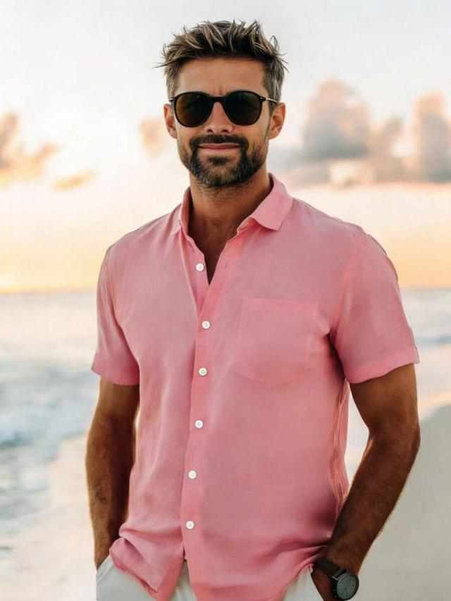 men's solid pink linen blend casual short sleeve shirt