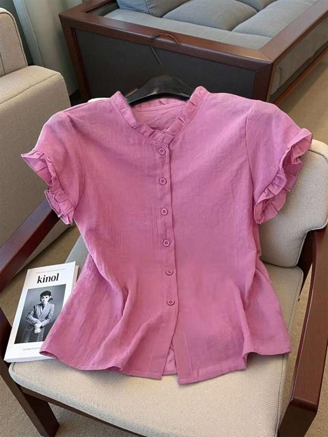 women's casual purple frill collar short sleeve buttoned blouse