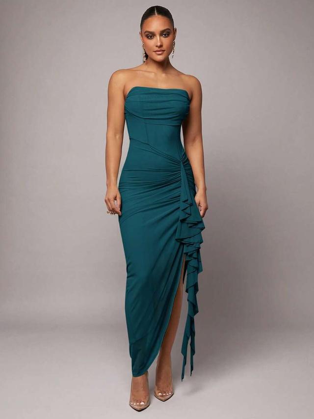teal strapless bodycon maxi dress with side ruffle