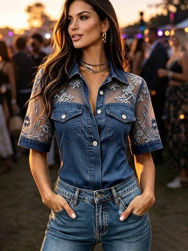 casual loose collared denim-like patchwork top