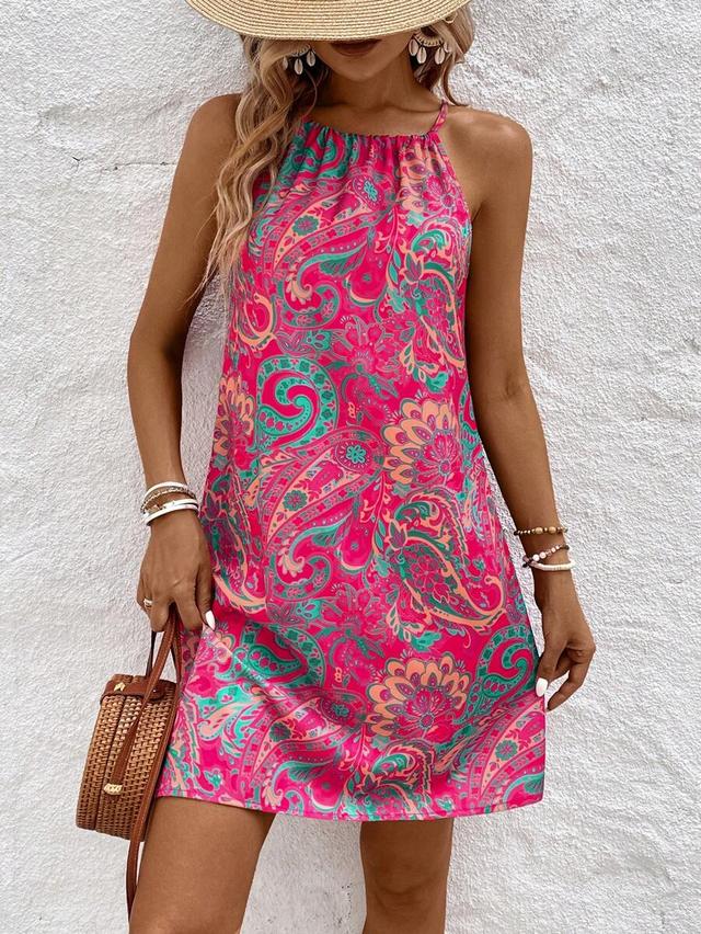 pink paisley print halter neck mini dress