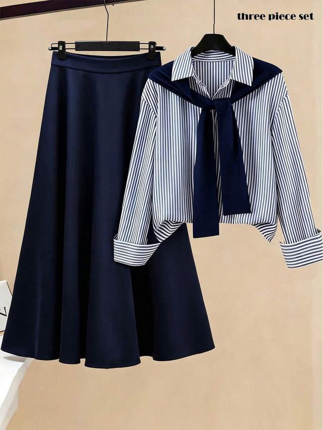 navy blue striped shirt with skirt and shawl
