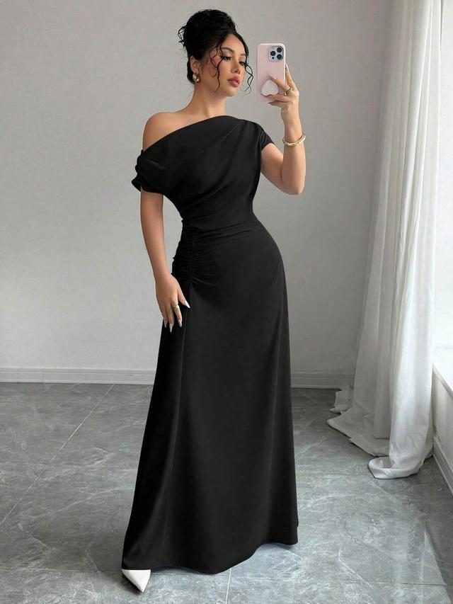 elegant solid black asymmetrical shoulder ruched waist dress
