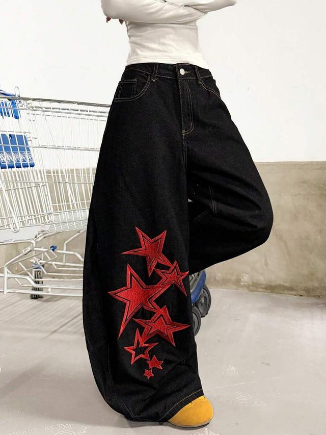 japanese street style embroidered black wide leg jeans