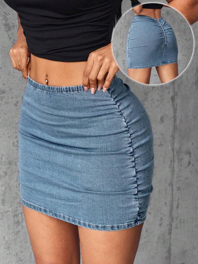 ruched denim mini skirt