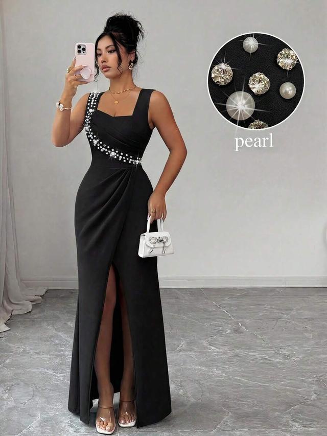 sleeveless black square neck pearl embellished cocktail dress