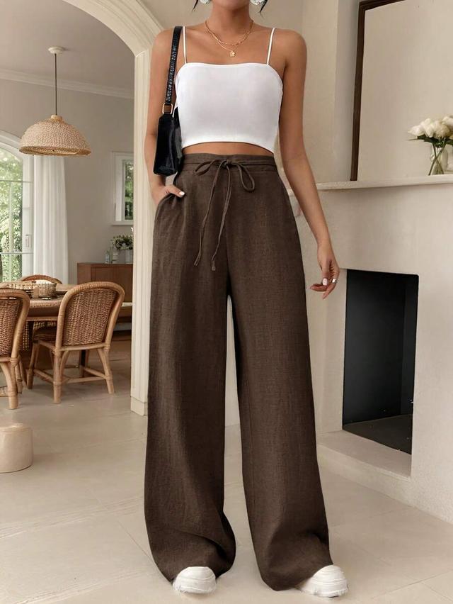 brown solid color casual wide leg linen pants