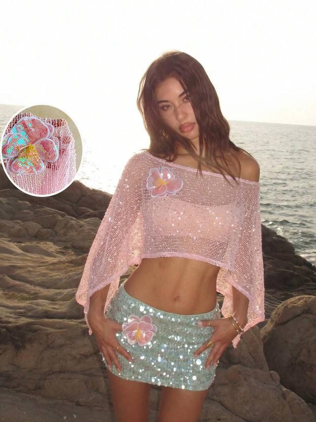 light pink crochet off-shoulder 3d flower festival top