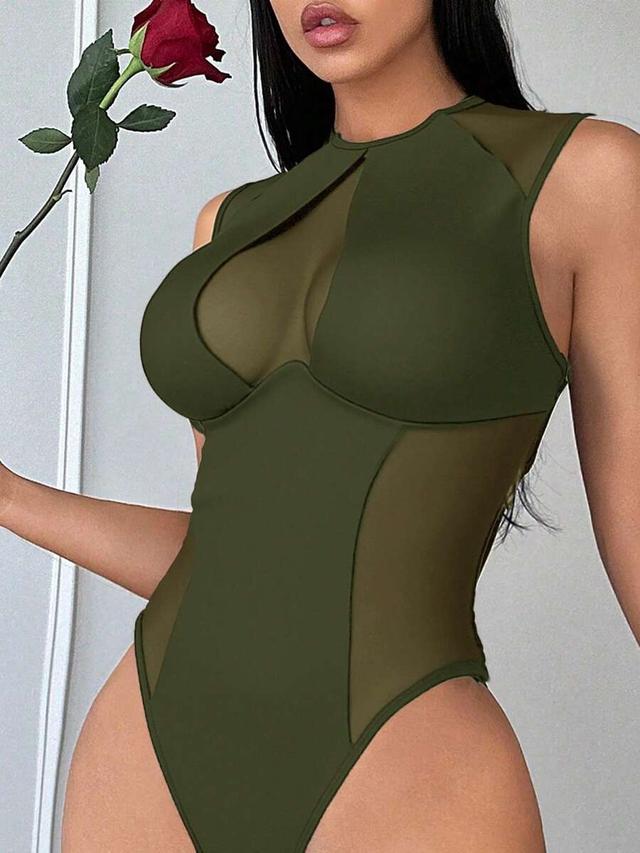 olive green mesh patchwork sleeveless bodysuit