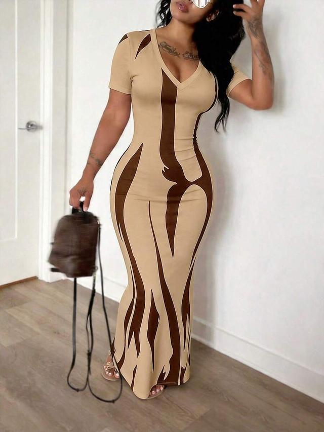 beige and brown abstract print bodycon maxi dress