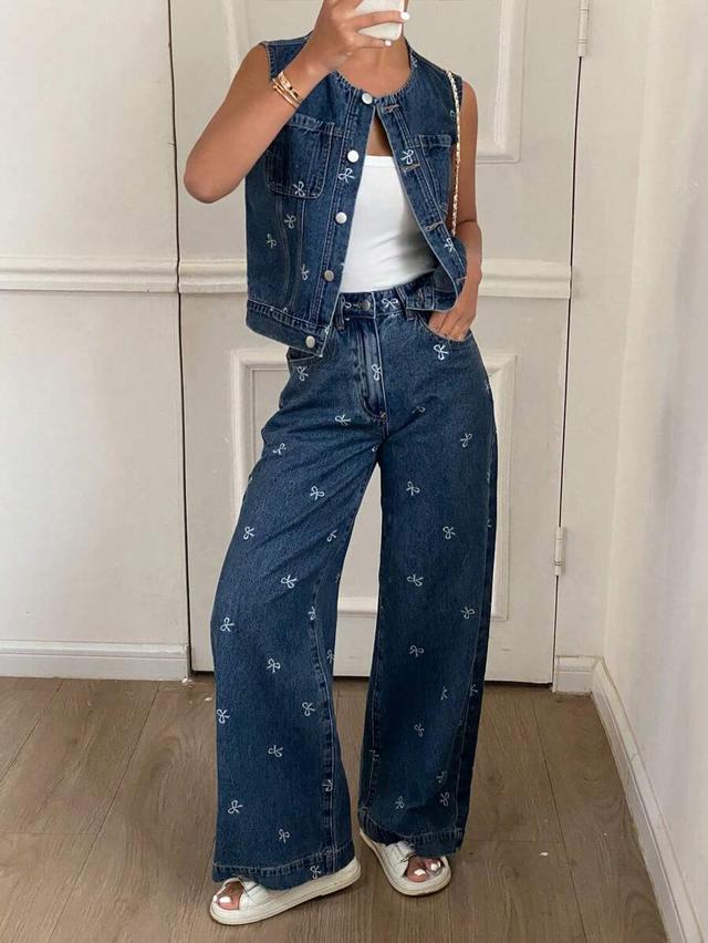 bow print denim vest and loose jeans set