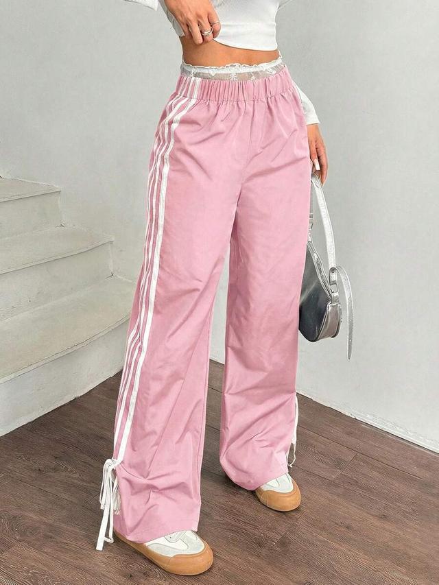 pink loose wide leg drawstring track pants
