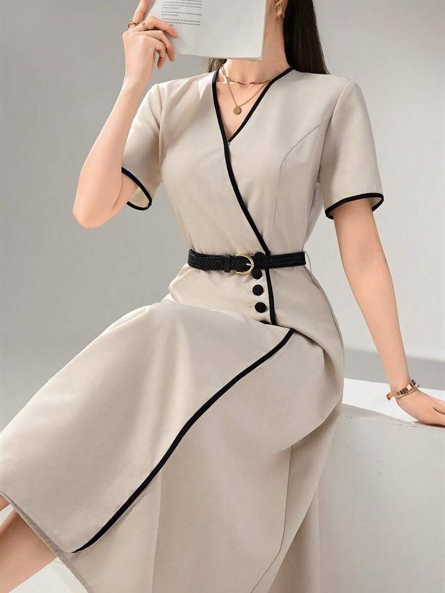 elegant beige contrast trim overlap collar short sleeve dress