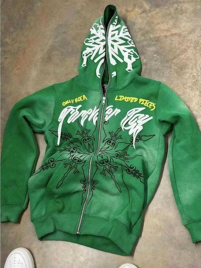 green snow pattern printed casual loose zip-up sweatshirt