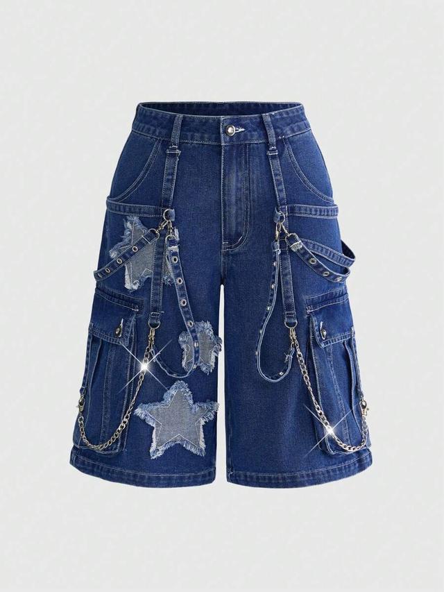 grunge punk rivet star denim cargo shorts