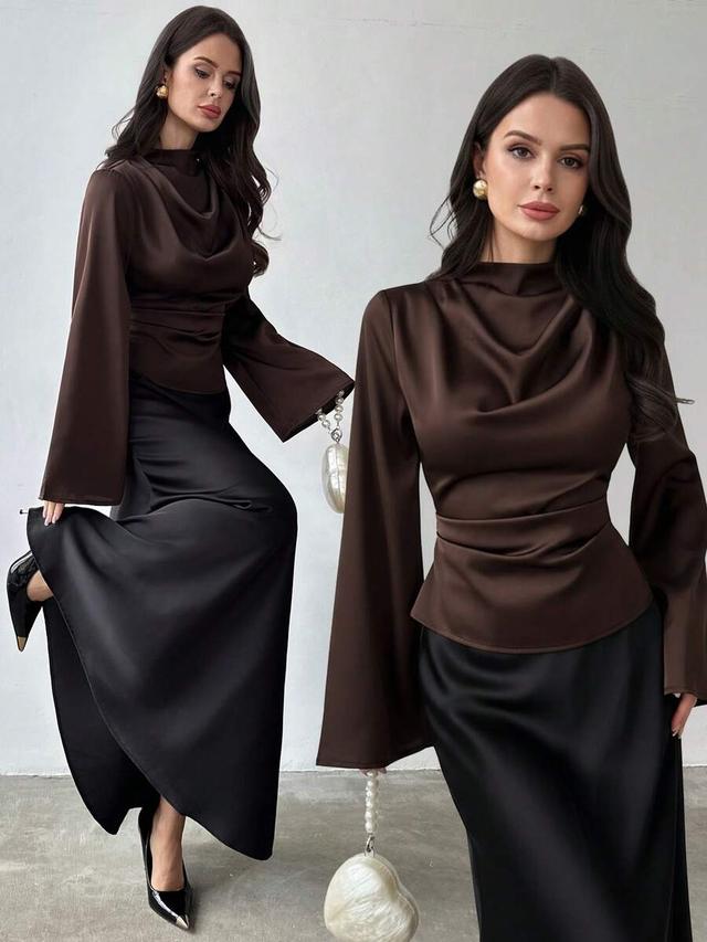 dark brown faux silk satin cowl neck bell sleeve blouse
