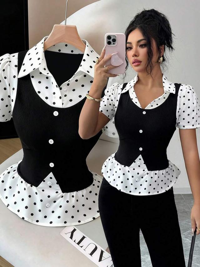 polka dot patchwork ribbed shirt collar short sleeve top