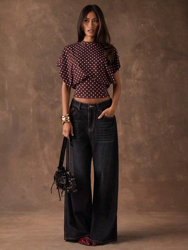 burgundy polka dot print short sleeve casual top