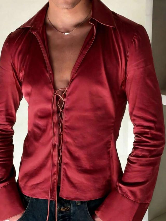 dark red satin lace-up front long sleeve shirt