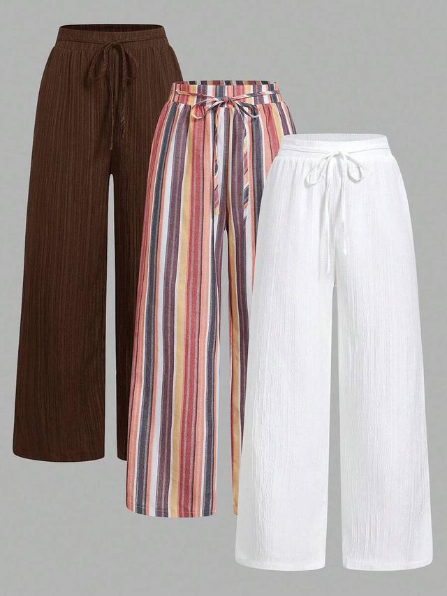 brown casual waist tie straight leg pants