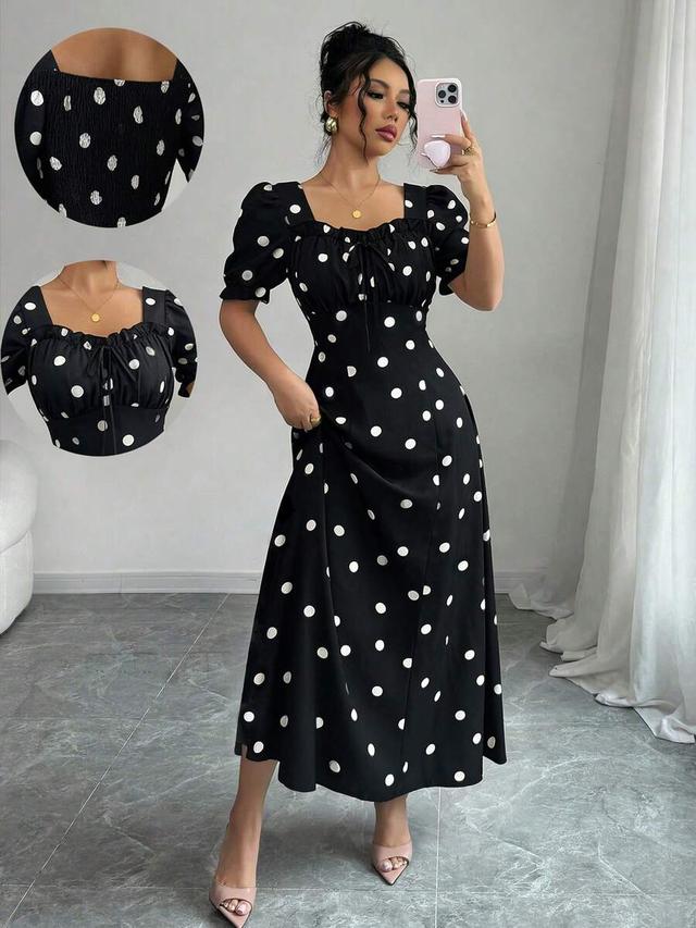 black polka dot a-line long dress with puff sleeves
