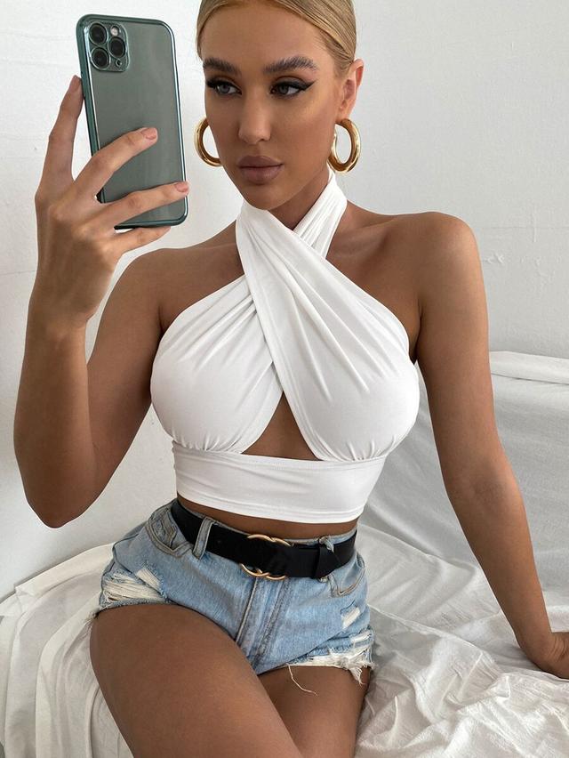 solid white cross front halter crop top