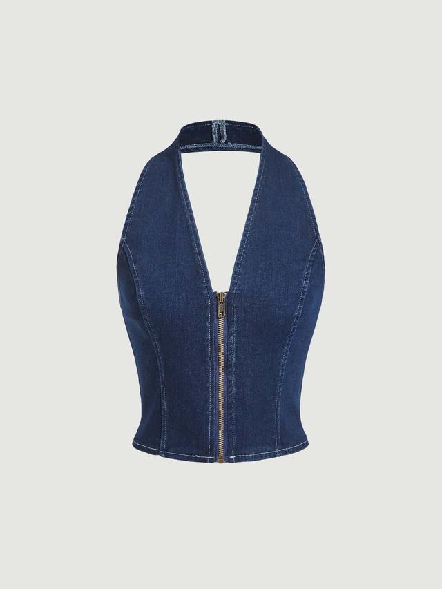 dark wash denim halter neck zip up top