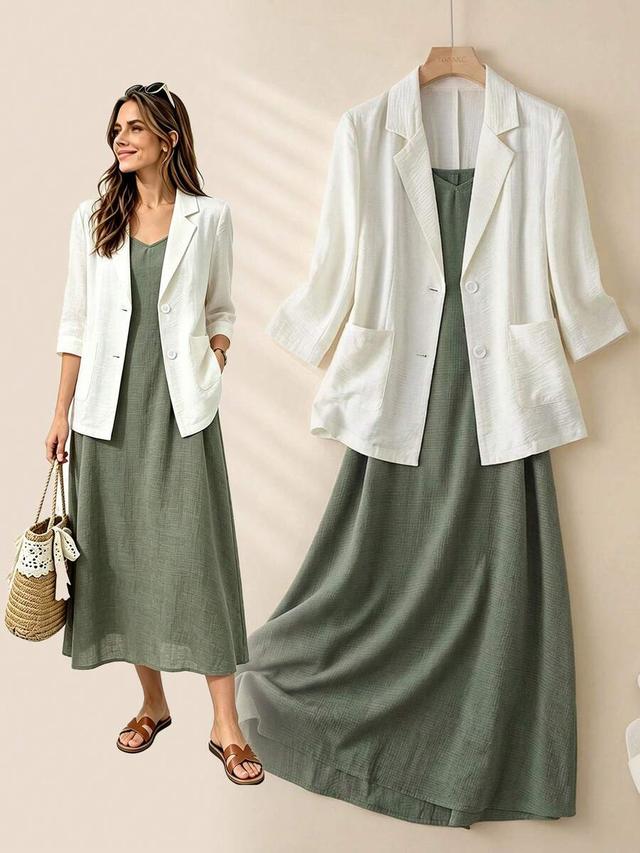 green mottled collar jacket and camisole dress set