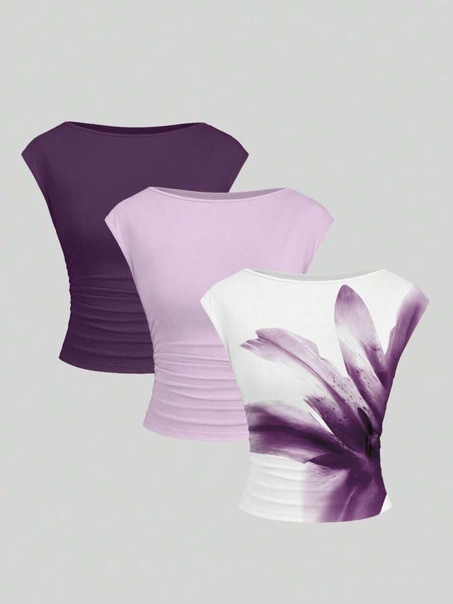 white floral fitted boat neck short sleeve ruched jersey top