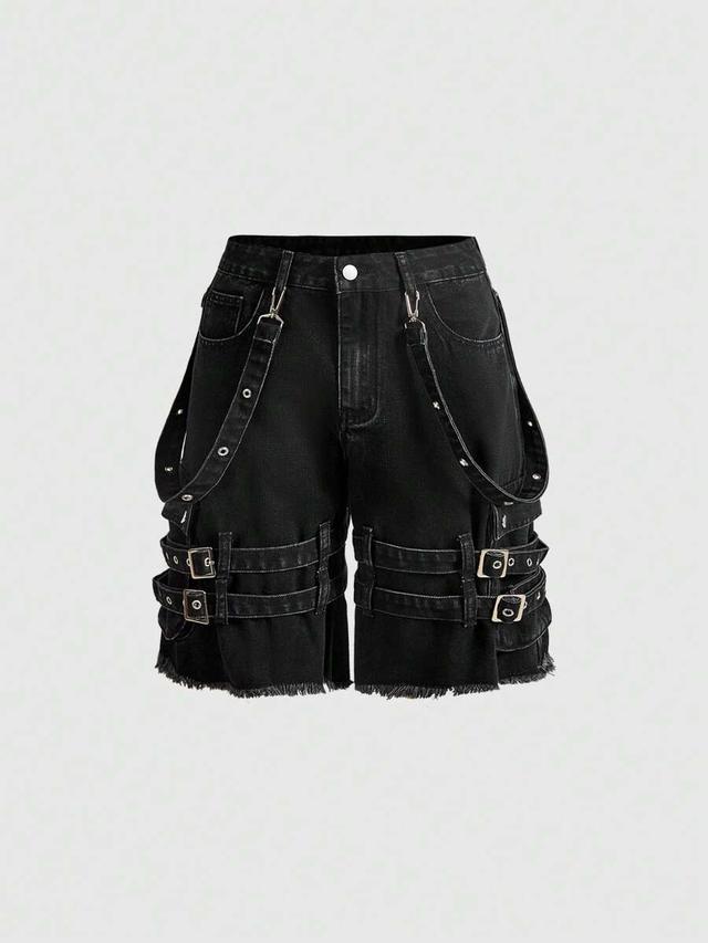 black denim shorts with suspenders and buckle straps